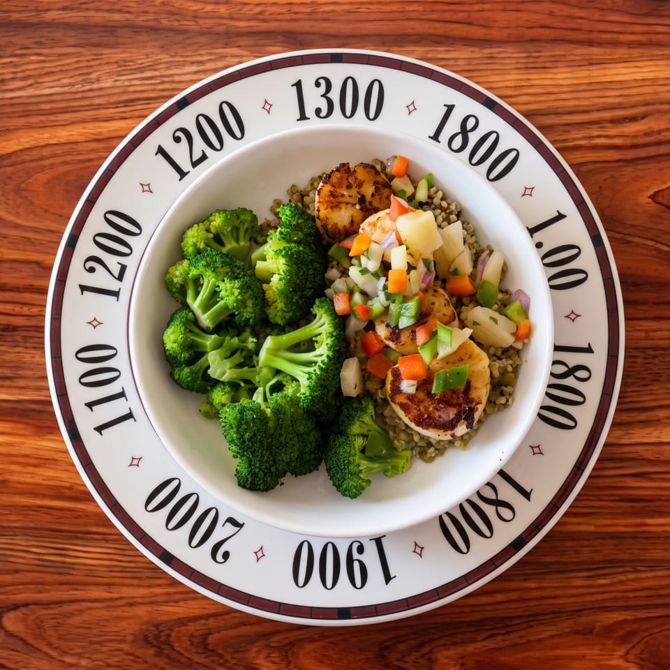 A bowl of seared scallops, quinoa, broccoli, and diced vegetables on a wooden table.