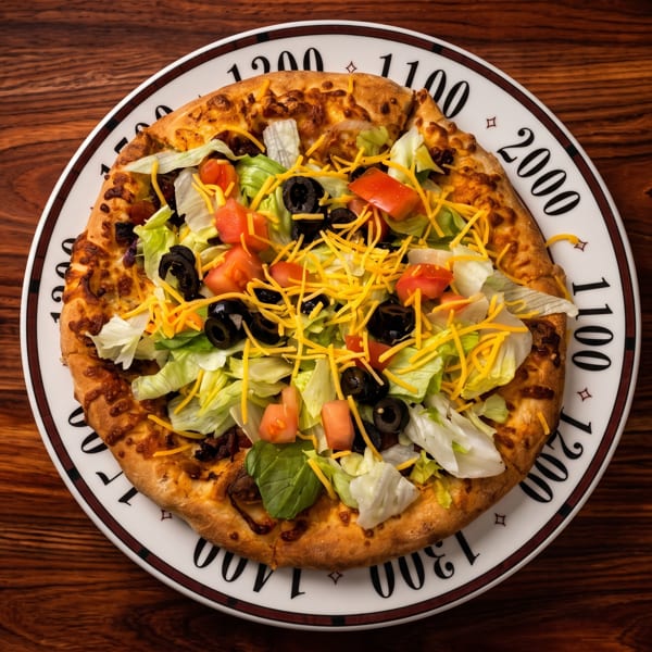 Taco pizza topped with lettuce, tomatoes, black olives, and shredded cheese on a wooden table.