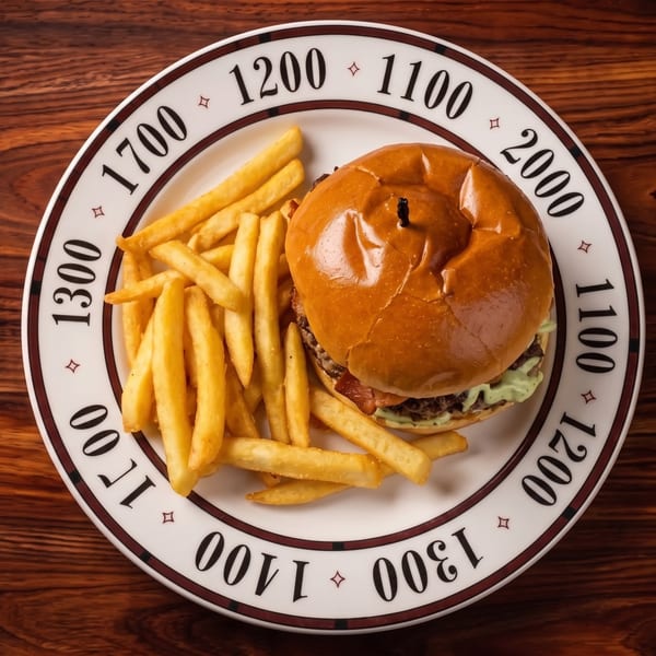 Burger with lettuce, tomato, and sauce served alongside golden fries on a decorative plate atop a wooden table.