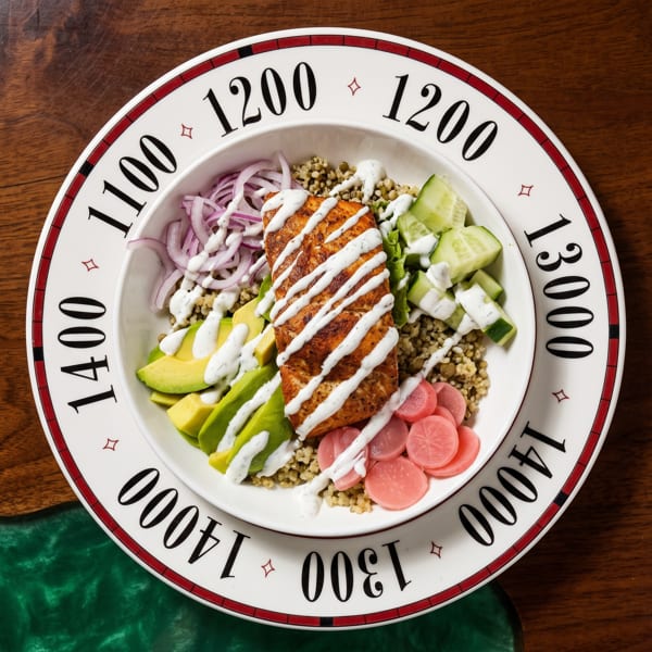 Salmon and quinoa bowl with avocado, pickled radishes, red onion, and cucumber, drizzled with sauce.