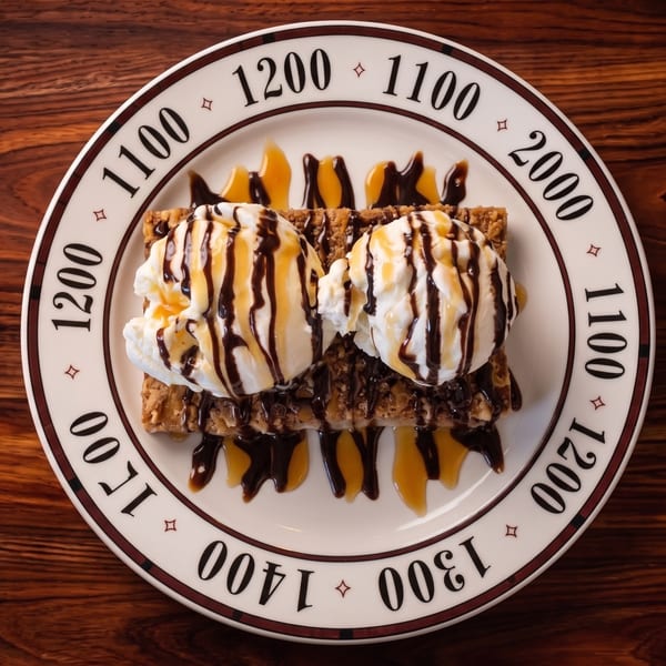 Waffle topped with whipped cream, chocolate and caramel drizzle on a decorative plate over a wooden table.