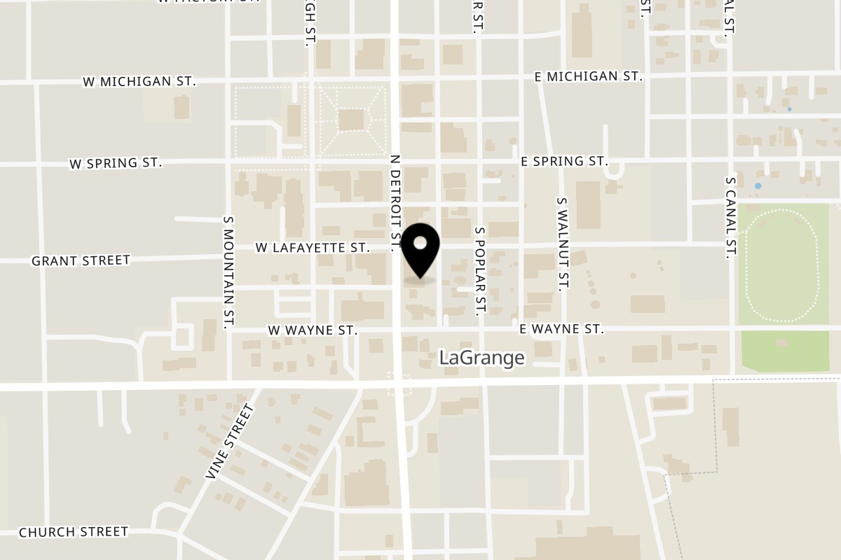 Map showing the location of Linder's Tavern On Main on 211 S Detroit St in LaGrange